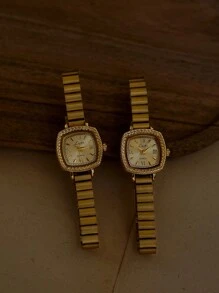 1pc New Vintage Carved Floral Pattern Golden Square-Dial Women's Watch, Fashion Minimalist Elegant Luxury Petite Waterproof Stainless Steel Strap Classic Quartz Watch, Suitable For Daily Wear, Formal Events And Accessory - Gold - View 4