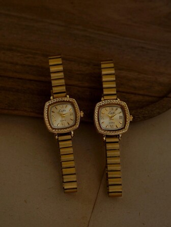 1 件全新复古雕花花卉图案金色方形表盘女士手表，时尚简约优雅奢华小巧防水不锈钢表带经典石英表，适合日常佩戴、正式活动和配饰