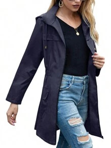 Women Light Rain Jacket Waterproof Active Outdoor Trench Raincoat With Hood Ladies Lightweight Windproof Windbreaker - 藏青色 - 查看 5