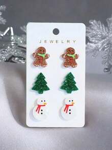 Bộ 3 đôi khuyên tai chủ đề Giáng sinh, Người tuyết, Người bánh gừng, Hoa tai in hình cây thông Noel, Trang sức thời trang - Nhiều màu - Xem 2