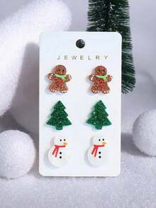 Bộ 3 đôi khuyên tai chủ đề Giáng sinh, Người tuyết, Người bánh gừng, Hoa tai in hình cây thông Noel, Trang sức thời trang - Nhiều màu - Xem 3