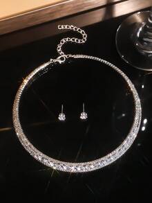 1 Đôi Hoa Tai Và 1 Dây Chuyền Cubic Zirconia Tổng Hợp Nhiều Lớp, Thích Hợp Cho Đám Cưới Và Tiệc Tùng - Bạc - Xem 2