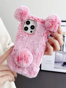 1 pieza Funda de teléfono antideslizante de peluche con diseño de panda compatible con iPhone/Redmi/OPPO/otros teléfonos - Rosa coral - Ver 2
