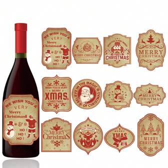 12/24pcs Christmas Retro Party Wine Bottle Stickers, Decorative Stickers For Beer And Beverages