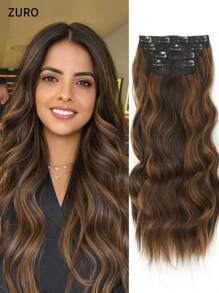 夹式接发棕色高光色 20 英寸 4 件套长款天然水波耐热纤维合成假发适合女士女孩派对日常使用 - 間色 - 查看 1