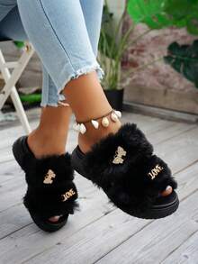 Dép lông ngoài trời/trong nhà, trang trí đá Rhinestone thời trang thanh lịch, dép nữ mũi hở bán hở mềm mại giữ ấm chống trượt thoải mái - màu đen - Xem 2