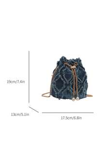 Bolso cubo de hombro con diseño de cordón y apertura con forma de diamante de unicolor y metal de moda, adecuado para compras