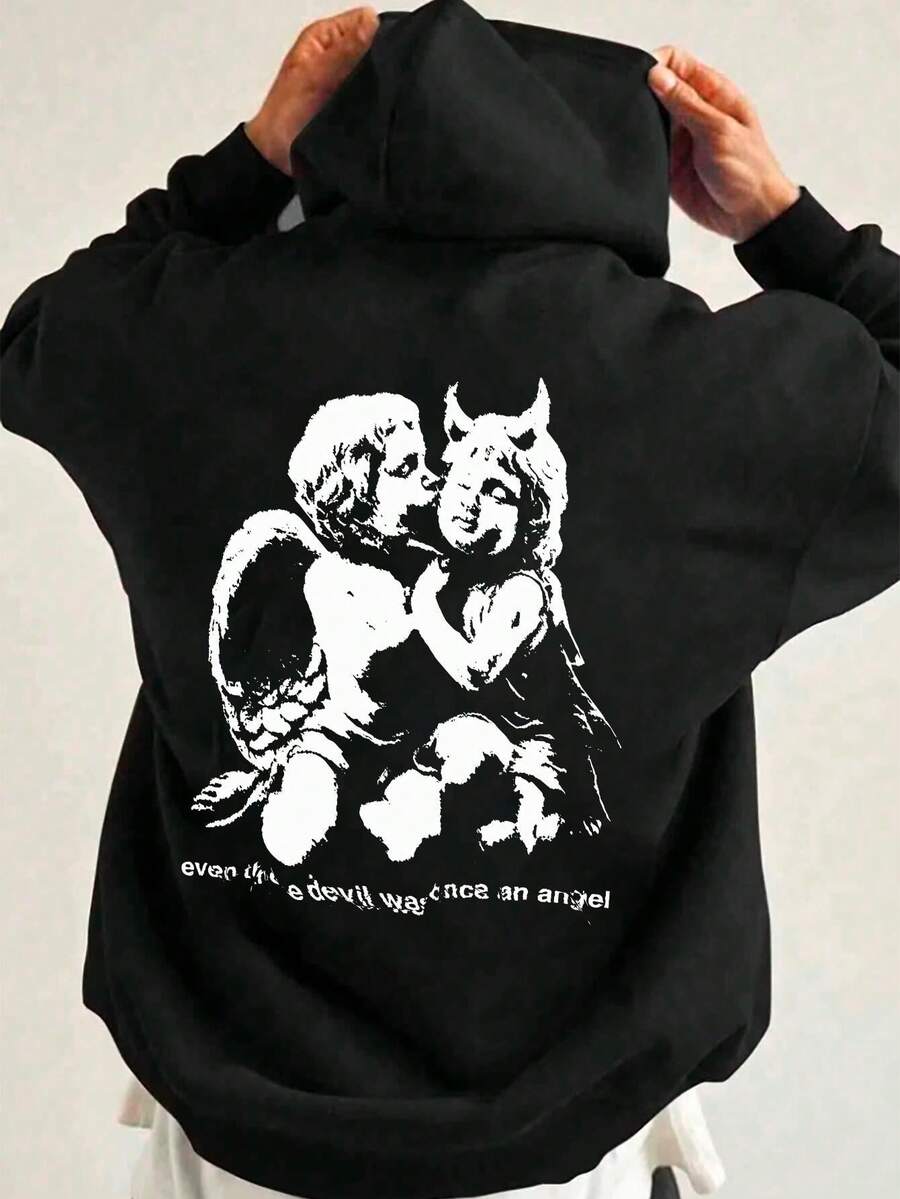 250g Hoodies / 1pc Hoodies / 100% Polyester, Angel, Letter Print Kangaroo Pocket Hoodies, Men's Casual Long Sleeve Drawstring, Autumn And Winter - 黑色 - 查看 1