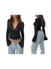 Women's Lace Deep V Neck Long Sleeve Low Cut Crop Top Slim Fitted T Shirt Fall Going Out Shirts - màu đen - Xem 9