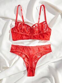 2 件套女士性感蕾丝胸罩和内裤套装，情侣内衣贴身衣物 - 紅色 - 查看 7