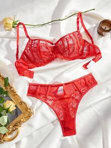 2 件套女士性感蕾丝胸罩和内裤套装，情侣内衣贴身衣物 - 紅色 - 查看 6