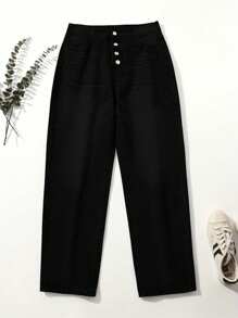Women's Fall Casual Loose Straight Leg Jeans High Waisted Baggy Buttons Down Boyfreiend Denim Pants With Pockets - 黑色 - 查看 2