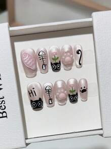 10 件/包可爱手工猫和金鱼图案凝胶指甲贴，短款可佩戴指甲贴套装按压式指甲美甲用品指甲