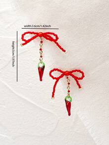 1 对手工制作的玻璃珠红辣椒装饰蝴蝶结耳环，波西米亚风格，适合女士（颜色和形状略有不同） - 紅色 - 查看 3