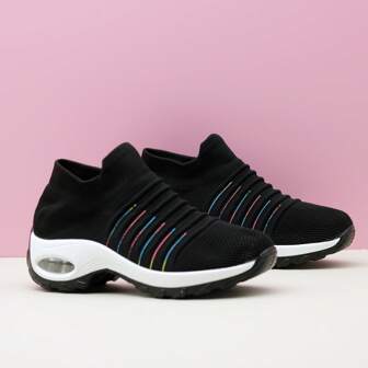 Klassiska svarta atletiska fritidsskor för kvinnor, Slip On Rocking Shoes, Dansskor, Stickade Air Cushion Shoes