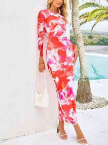 Women's Slim-Fit Long Dress Fall Fashion Long Sleeve Floral Print Tight Party Club Pleated Long Sleeve DressWomen's Slim-Fit Long Dress Fall Fashion Long Sleeve Floral Print Tight Party Club Pleated Long Sleeve Dress - Màu cam nhạt - Xem 4