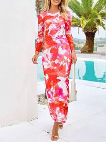 Women's Slim-Fit Long Dress Fall Fashion Long Sleeve Floral Print Tight Party Club Pleated Long Sleeve DressWomen's Slim-Fit Long Dress Fall Fashion Long Sleeve Floral Print Tight Party Club Pleated Long Sleeve Dress - Màu cam nhạt - Xem 5