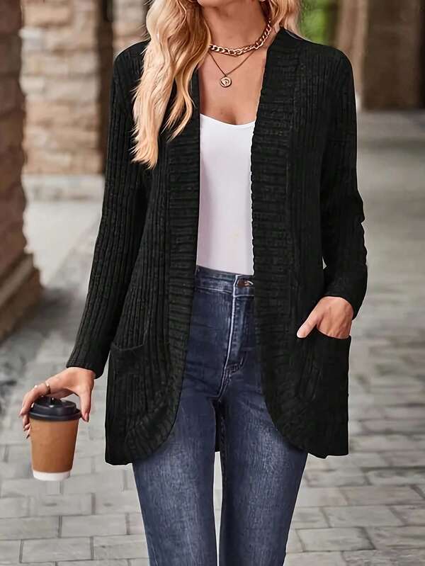 Plus Size Women Solid Color Long Sleeve Knit Cardigan