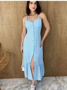 Long Crepe Dress With Padded Cups And Buttons H-1 - 淺色水洗藍 - 查看 2