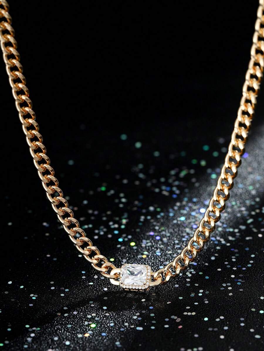 1 件粗链矩形吊坠项链，圣诞节、新年、情人节男士礼物 - 金黃色 - 查看 1