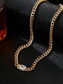 1 件粗链矩形吊坠项链，圣诞节、新年、情人节男士礼物 - 金黃色 - 查看 3