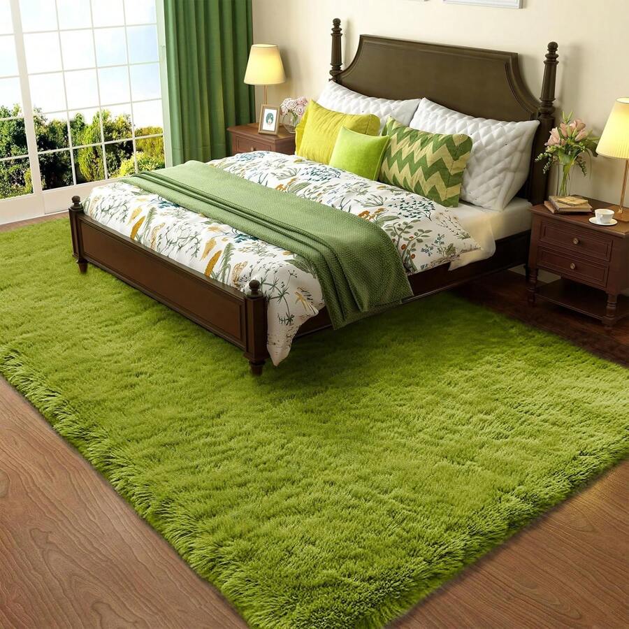 Alfombras modernas y esponjosas para sala de estar, dormitorio, alfombra morada de felpa de pelo alto para habitación de niñas, guardería, decoración del hogar, alfombra suave antideslizante para dormitorio de niñas - Verde hierba - Ver 1