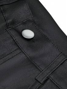 女士涂层仿皮喇叭裤，修身高腰靴型裤，时尚百搭，适合派对、通勤、度假、音乐节等场合，休闲直筒裤，春夏服装，畅销款，热销 - 黑色 - 查看 8