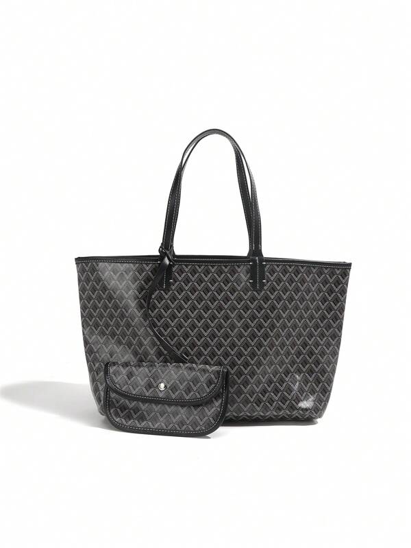 1 Shoulder Bag With Small Bag, Letter Pattern Black Dogtooth Bag Printed Fashion Handbag PVC Tote Bag Casual Large Bag Shopping Bag Open Lightweight Women's Bag Large Capacity Suitable For Shopping Dating Travel Daily
