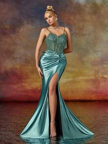 Abendkleid mit Trägern, Perlen und Säulenform, Ballkleid für Hochzeit, Veranstaltungen, festliche Anlässe, Hochzeitsgäste, Abschlussball, Dinner - Taubenblau - Übersicht 4