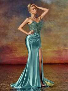 Abendkleid mit Trägern, Perlen und Säulenform, Ballkleid für Hochzeit, Veranstaltungen, festliche Anlässe, Hochzeitsgäste, Abschlussball, Dinner - Taubenblau - Übersicht 5