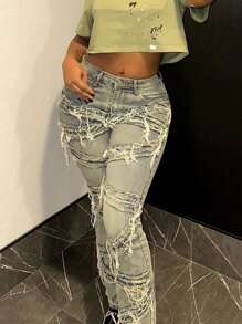 Y2K 90s Streetwear Slant Pocket High Stretch Distressed Frayed Patchwork Unique Tassel Design Hip Hop Jeans Casual Spring - Blue - View 5