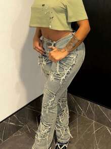 Y2K 90s Streetwear Slant Pocket High Stretch Distressed Frayed Patchwork Unique Tassel Design Hip Hop Jeans Casual Spring - Blue - View 3