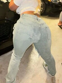 Y2K 90s Streetwear Slant Pocket High Stretch Distressed Frayed Patchwork Unique Tassel Design Hip Hop Jeans Casual Spring - Blue - View 2