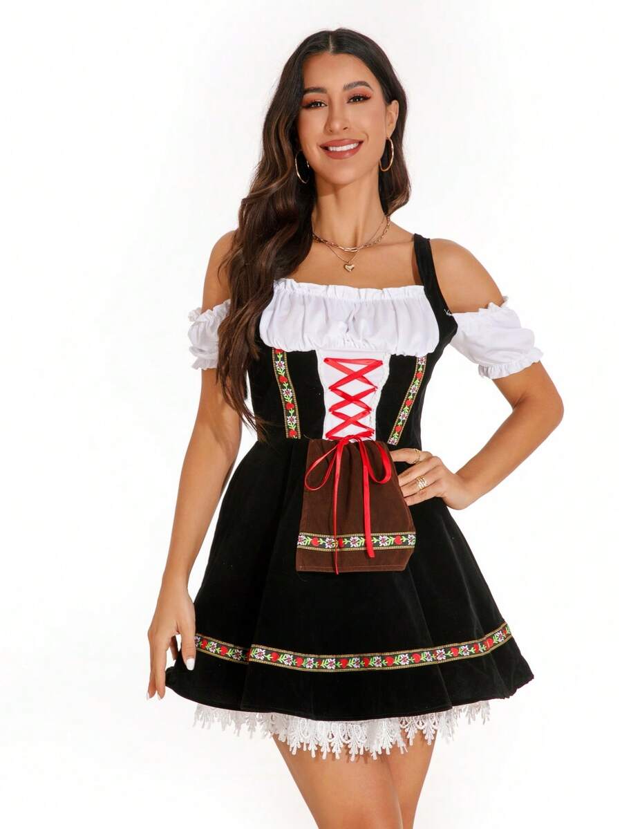 传统德国服装连衣裙 - 黑色系带露肩蕾丝拼接连衣裙，优雅泡泡袖连衣裙，适合巴伐利亚节日服装慕尼黑啤酒节