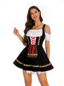 传统德国服装连衣裙 - 黑色系带露肩蕾丝拼接连衣裙，优雅泡泡袖连衣裙，适合巴伐利亚节日服装慕尼黑啤酒节