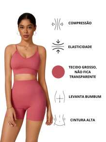 Seamless Ribbed Sport Yoga Set Shorts And Crisscross Top Adjustable Strap Backless Butt Lift Shapewear Foreign Fashion Gym Fitness - 藕粉色 - 查看 2