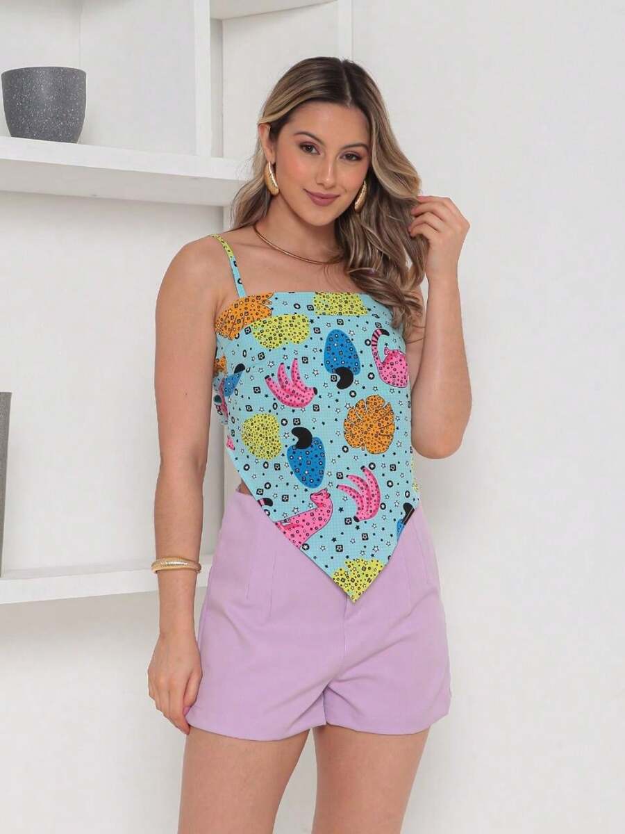 RAW CLOTHING One Size Shirt Set With Tie At The Back And Print, Shorts With Zipper And No Pocket - Mauve Purple - View 1
