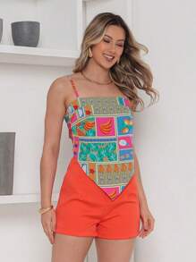 RAW CLOTHING One Size Shirt Set With Tie At The Back And Print, Shorts With Zipper And No Pocket - Orange - View 2