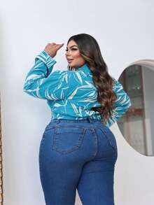 Women's Plus Size Zipper Bomber Jacket Elegant Casual Fashion Viscose With Buttons Comfortable Details - 淺藍色 - 查看 2