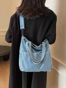 Dedoo 极简主义风格毛边字母设计牛仔帆布手提包，纯色大容量单肩包，适合女性日常使用，上班通勤学校手提包，学校书包，便携，可折叠，商务休闲，适合少女女大学生，老师，新人及白领人士大学，度假，海滩，假日，购物 - 藍色 - 查看 4