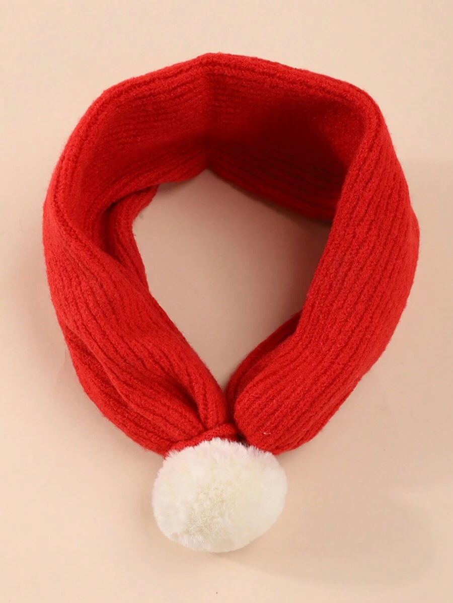 1pc Children Red Christmas Scarf With Fur Pom Pom, Comfortable Scarf