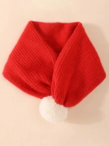 1pc Children Red Christmas Scarf With Fur Pom Pom, Comfortable Scarf