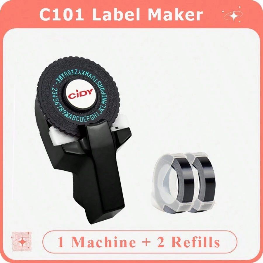 Máy in nhãn dập nổi CIDY C101 BLACK, kèm 2 ruy băng đen, dùng cho máy đánh chữ thủ công Dymo/Motex/Cidy 3D 12965 1880 9mm - màu đen - Xem 1