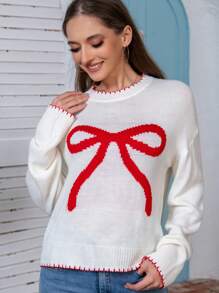 Women Bow Knit Sweater,Long Sleeve Tops - White - View 7