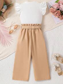 Tween Girls Heart Pattern Ruffle Hem Short Sleeve Top And Paper Bag Waist Pants 2pcs Set - White - View 2