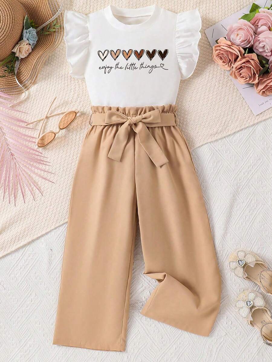 Tween Girls Heart Pattern Ruffle Hem Short Sleeve Top And Paper Bag Waist Pants 2pcs Set - White - View 1