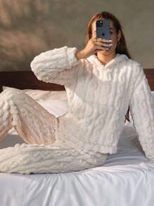 Nina Bonheur 2pcs Women's Thick Fleece Hoodie And Comfortable Pants Fluffy Lounge Set, Fall/Winter Clothes, Cozy - Baby Pink - View 7