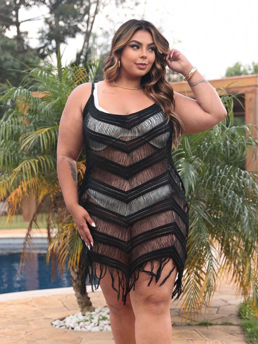 Plus Size Fringe Summer Beach Cover-Up Adjustable Bathing Suit - 黑色 - 查看 1