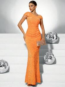 Fuaheng 优雅闪光连衣裙，不对称领口和褶皱细节，正式晚会礼服，适合婚礼嘉宾、毕业典礼、晚宴派对礼服