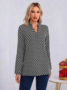Blusa De Manga Enrollada De Cuello V Para Mujer,Blusas De Cuello De Pico Larga Con Estampado Integral